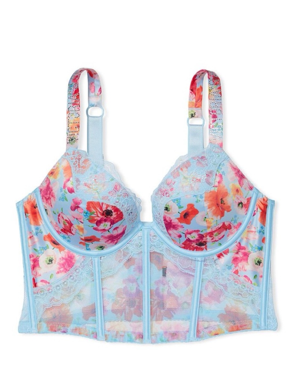 Y2K Blue Floral Rhinestone Longline Corset Lace Bra